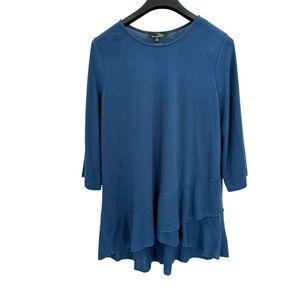 Susan Betro Tunic Sweater 1X Blue Ruffle Layered Bell Sleeve Crew Neck NEW